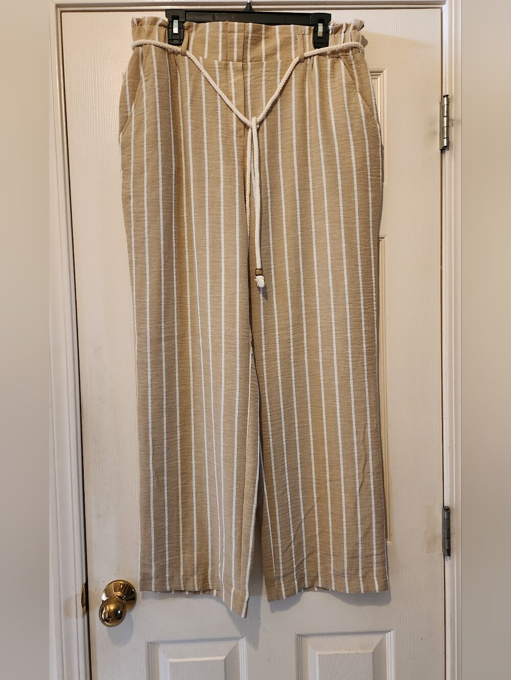 Beige Stripe 100% Poleyester Wide Leg Pants